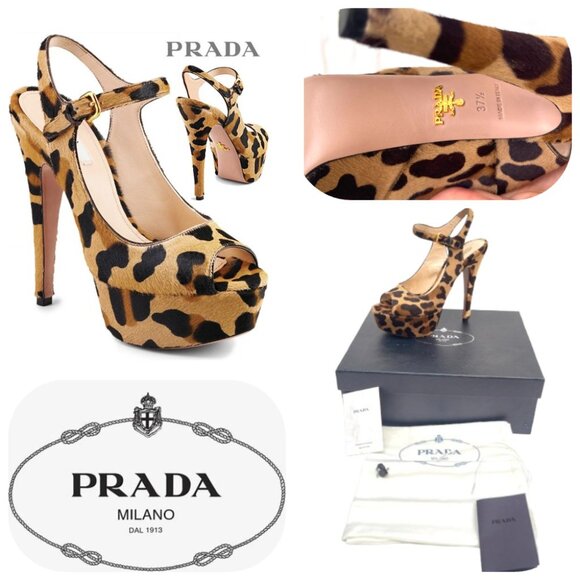 Prada Pony Hair Leopard Print Platform Sandals 7,5 - Picture 1 of 13